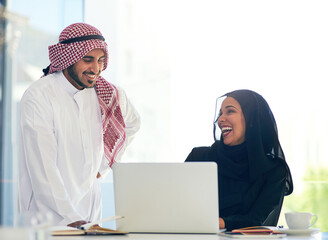 Poster - Muslim, people and coworking teamwork on project and mentor help on laptop in Dubai office. Arab, man and woman in business learning, training or collaboration with professional advice from manager