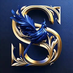 Golden letter S with blue pattern on blue background. 3d render