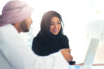 Poster - Muslim, people and coworking teamwork on project and mentor help on laptop in Dubai office. Arab, man and woman in business learning, training or collaboration with professional advice from manager