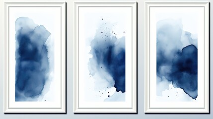 Wall Mural - three blue brush stroke watercolor  splash painting artwork picture frame collection set on wall, minimal style home wall hanging decor, mockup idea, Generative Ai