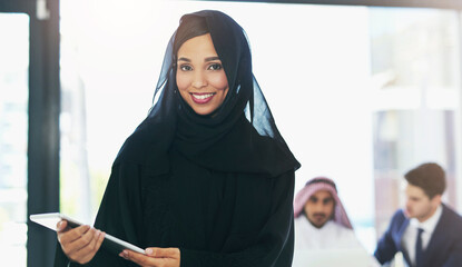 Poster - Portrait, business people and Muslim woman with tablet, smile and confidence with career ambition. Face, group and Islamic person with tech, financial advisor and digital app with connection and joy