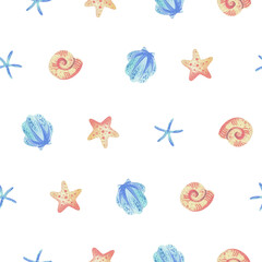 Seashells in coral, turquoise and blue colors. Hand drawn watercolor illustration. Underwater world, sea clipart for decoration and design. Seamless simple pattern children's