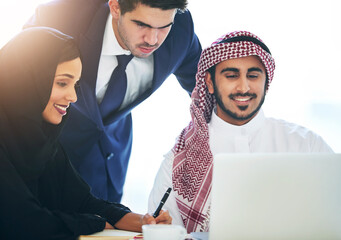 Poster - Muslim, employee and laptop in office for teamwork, discussion and partnership for b2b collaboration. Diversity, hijab woman and man coworker for online project, professional communication in Dubai