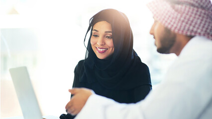 Poster - Muslim, people and coworking teamwork in office and mentor help with project on laptop in Qatar. Arab, woman and man in business training or learning software for collaboration or professional advice