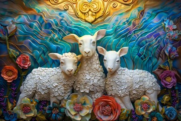 Wall Mural - Easter art with 3 lambs. Sheep. Happy easter