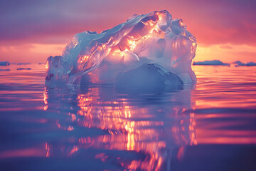 Canvas Print - Majestic Iceberg Glowing at Sunset in Tranquil Arctic Waters with Vibrant Colors