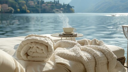 Aufkleber - A white towel and a white blanket are laying on a beach next to a lake