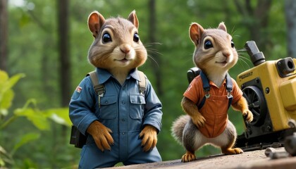 Two chipmunk mechanics in work attire examine equipment in a lush forest setting, looking skilled and cooperative.