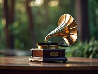 Musical Relics, A Retro Gramophone Adorning the Table's Surface.