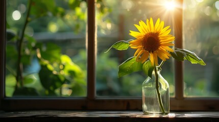 Aufkleber - A sunflower in a vase sits on a windowsill