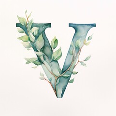 Watercolor letter V with green leaves on white background. Hand drawn font.