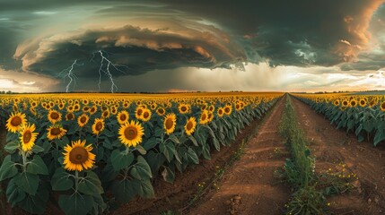 Wall Mural - A field of sunflowers is in the foreground of a stormy sky