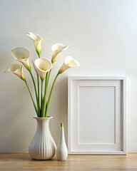 Canvas Print - Elegant calla lilies in vase with picture frame on table