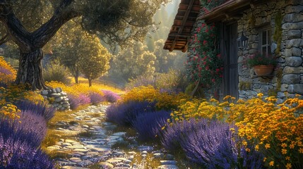 Poster - A beautiful garden with a stone house and a path leading to it