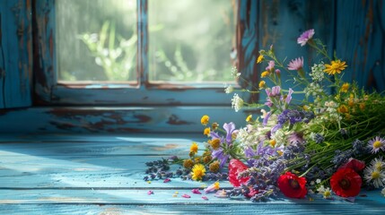 Poster - A window sill with a blue background and a bunch of flowers on it