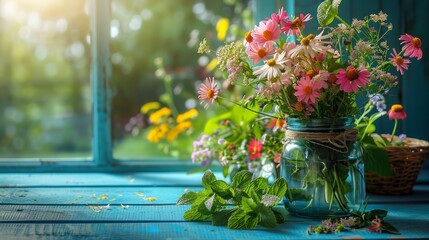 Aufkleber - A vase of flowers sits on a wooden table by a window
