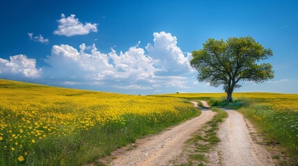 Poster - A road runs through a field of yellow flowers