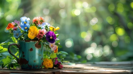 Aufkleber - A vase of flowers sits on a wooden table