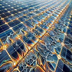 Wall Mural - Close-up of a large blue solar panel. Textured surface with a honeycomb pattern reflects a fiery orange light. Cracks like ice or a web of lines add a unique detail.