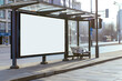 © forenna - mockup of blank white horizontal billboard on the side of an outdoor bus stop, daylight city background, photorealistic commercial photo