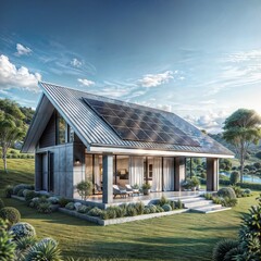 Wall Mural - A modern house with solar panels on the roof sits on a grassy hill.