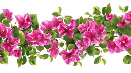 vibrant pink bougainvillea flowers and lush green leaves horizontal floral border isolated on white digital illustration