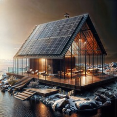 Wall Mural - A small modern house with a large glass facade sits on a rocky cliff overlooking the ocean. The roof is covered with solar panels. The gray sky and setting sun illuminate the house with a warm glow.