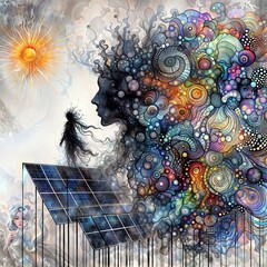 Wall Mural - A woman with a colorful, swirling hair made of planets and stars looks at a solar panel. The sun is on the left, and the sky is a mix of gray and white.