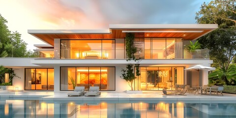 Modern 3D digital art showcases luxury pool villa with contemporary design. Concept Luxury Pool Villa, Contemporary Design, Modern 3D Art, Interior Rendering, Architectural Visualization
