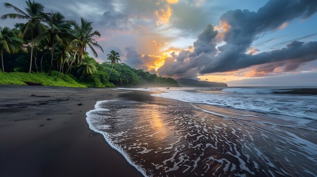 Coastal Cloudy Tropical Beach Landscape During Sunset (Generative AI)