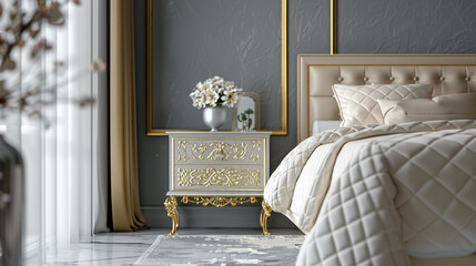 Wall Mural - Glamorous art deco bedroom with a full front view of a gold filigree bedside table, ivory quilted bedding, and a matte grey accent wall.