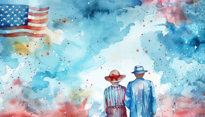 Wall Mural - An older couple is walking in front of an American flag watercolor