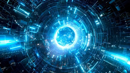 Aufkleber - Abstract futuristic digital technology background. Bright lights and geometric shapes in a circular pattern. Modern sci-fi design ideal for tech illustrations. AI