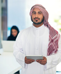 Poster - Portrait, business and Muslim man with tablet, office or connection with financial advisor, accounting or traditional clothes. Face, person or employee with technology, investment or network with app