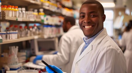 Aufkleber - Smiling scientist in the laboratory holding a tablet. Warm, approachable look with focus on research and technology. Science image for stock photos. AI