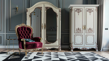Wall Mural - Luxurious art deco bedroom with a front view of a ruby and velvet armchair, an ivory ornate wardrobe, and a black and white geometric rug.