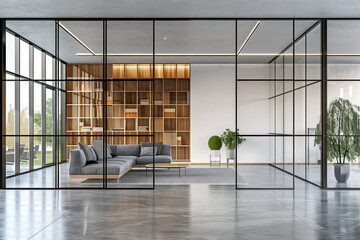 Elegant office lounge featuring glass walls, a comfortable gray sofa, and extensive wooden bookshelves, creating a stylish and open workspace.