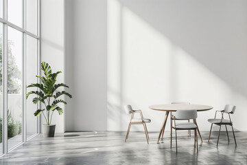 Modern dining area with round wooden table and four chairs, large windows, and indoor plant. Sunlit minimalist interior with white walls and sleek furniture. Interior design and home decor concept