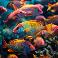 A colorful fish is swimming in a school of fish