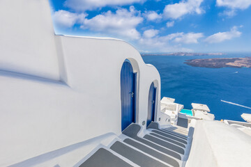 Amazing picturesque landscape, luxury travel vacation. Oia town stairs over sea view  Santorini island, Greece. Traditional famous white houses Caldera. Sunny sky, romance couple vacation summer scene