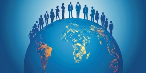 A group of business people standing on a globe, representing global unity and collaboration in various styles Generative AI