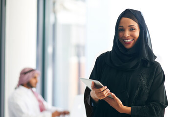 Poster - Portrait, business people and Muslim woman with tablet, accountant and connection with career ambition. Face, man and Islamic person with tech, financial advisor or digital app with internet or smile