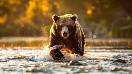 Wall Mural - Majestic bear caught in action while crossing a sunlit river, showcasing wildlife in its natural habitat. Vivid and dynamic nature photography. AI