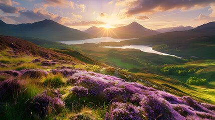 Wall Mural - sunset over scottish highlands landscape with purple heather blooms green rolling hills lochs leading to distant mountains beauty generative ai