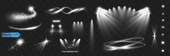 Poster - Light wave shine spotlight effect,vector glow line sparkle shine. Silver wavy effects.	