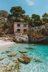 Wall Mural - A beach with crystal clear turquoise sea water, an old stone house on the shore surrounded by pine trees.