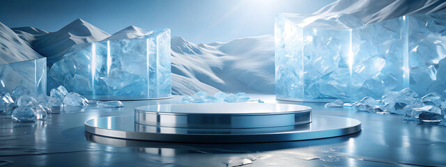 Wall Mural - Generative ai. A metallic, circular platform set in a futuristic ice-themed environment with large ice shards surrounding it. Snow-covered mountains and bright sunlight are visible in the background