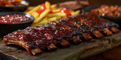Canvas Print - Succulent BBQ ribs with savory sauce and classic sides popular worldwide comfort food. Concept BBQ Ribs, Savory Sauce, Classic Sides, Comfort Food, Succulent