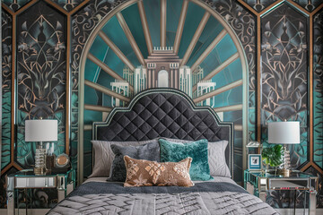 Wall Mural - Refined art deco bedroom with a quilted charcoal headboard, mirrored side tables, and a teal art deco wall mural.