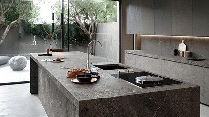 Detailed view of a modern kitchen featuring a large island with a cooktop and integrated seating